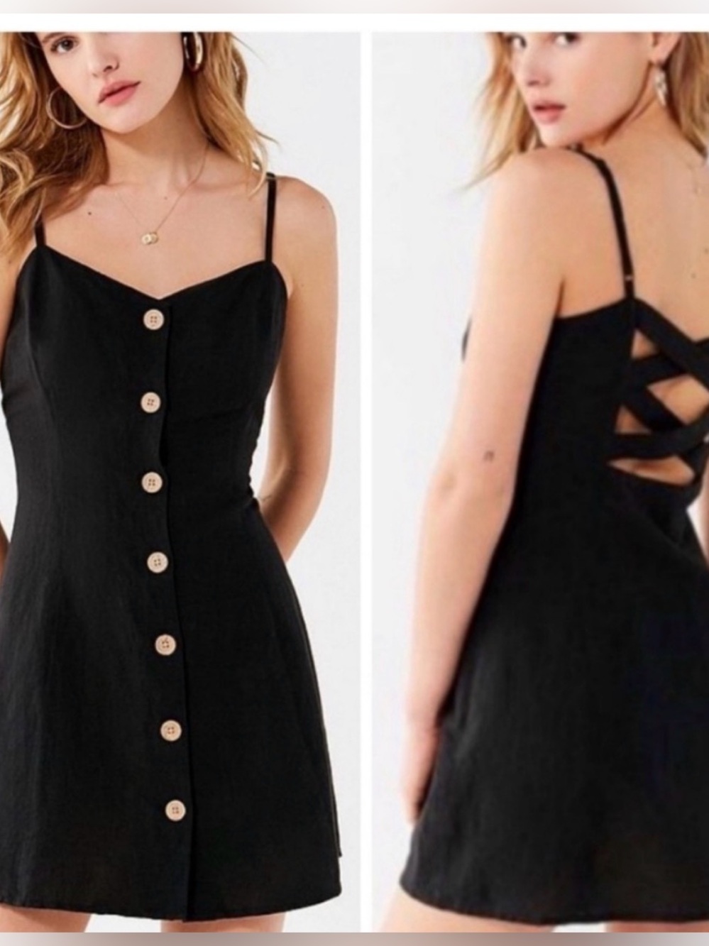 Urban Outfitters Mini Dress Buttons Linen Blend Black Strappy Back Size Small